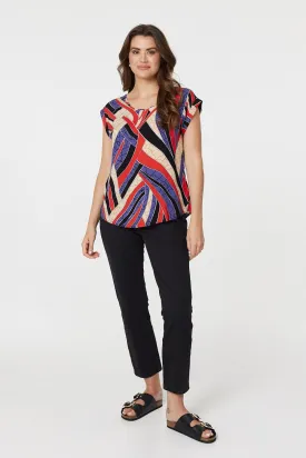 Abstract Print Turn-Up Sleeve Shell Top