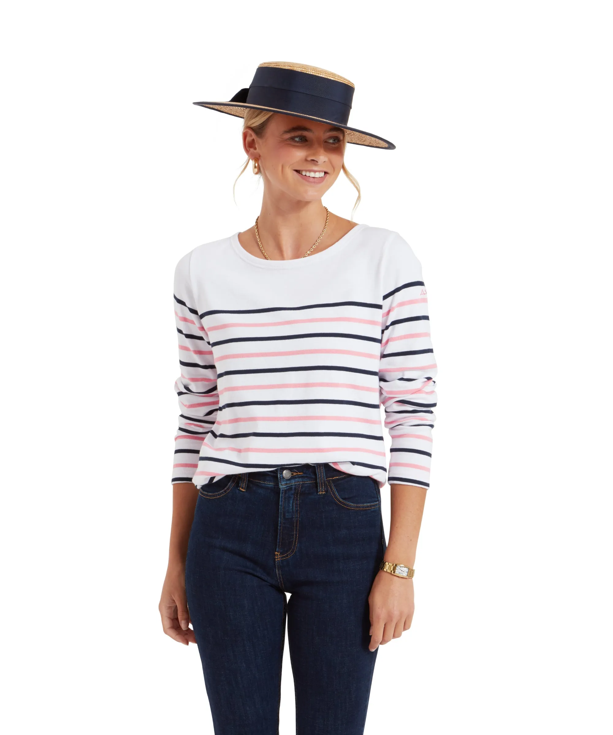 Beauport Top - White/Navy/Flamingo Stripe