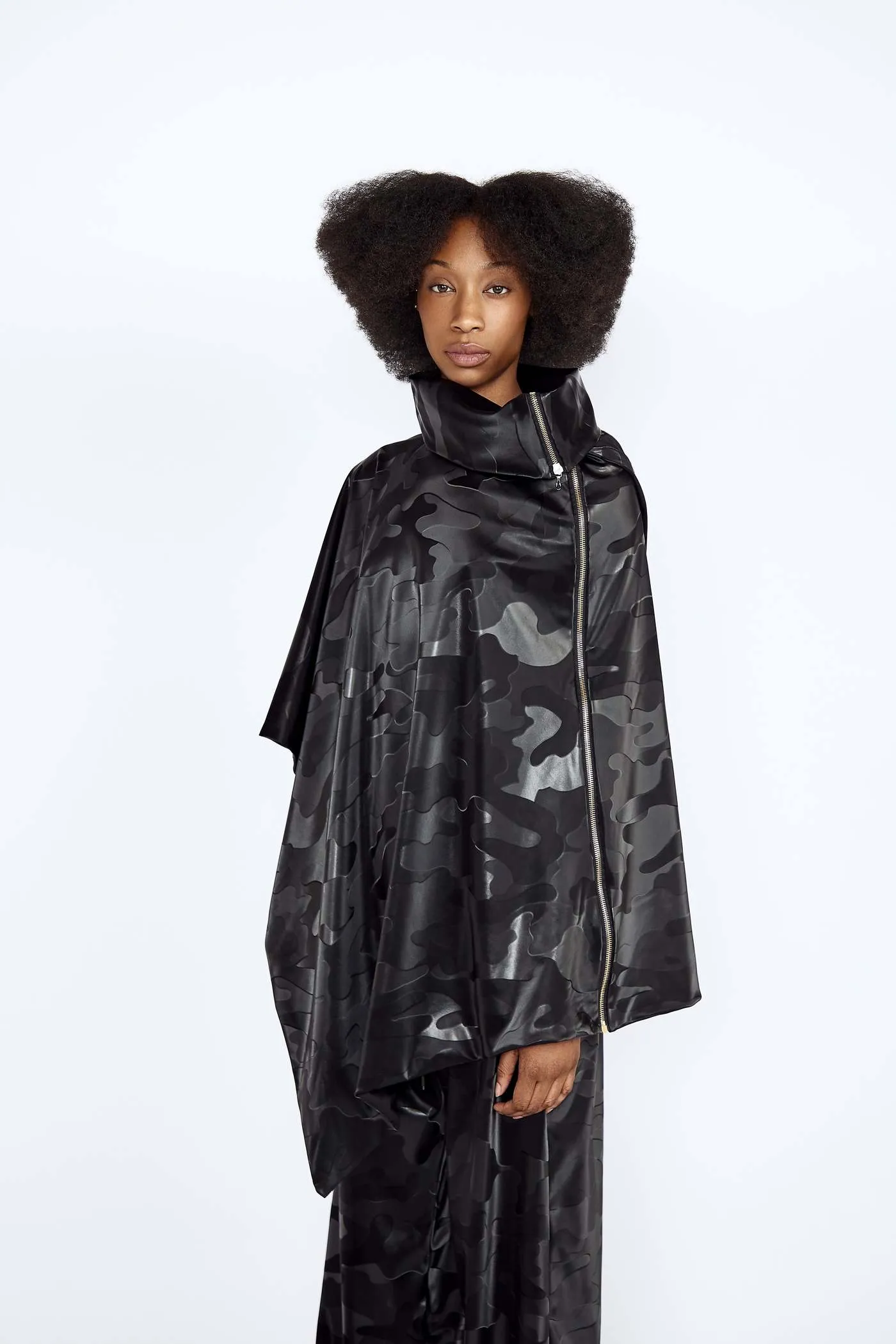 Black Camo Vegan Leather Poncho and Trousers Set