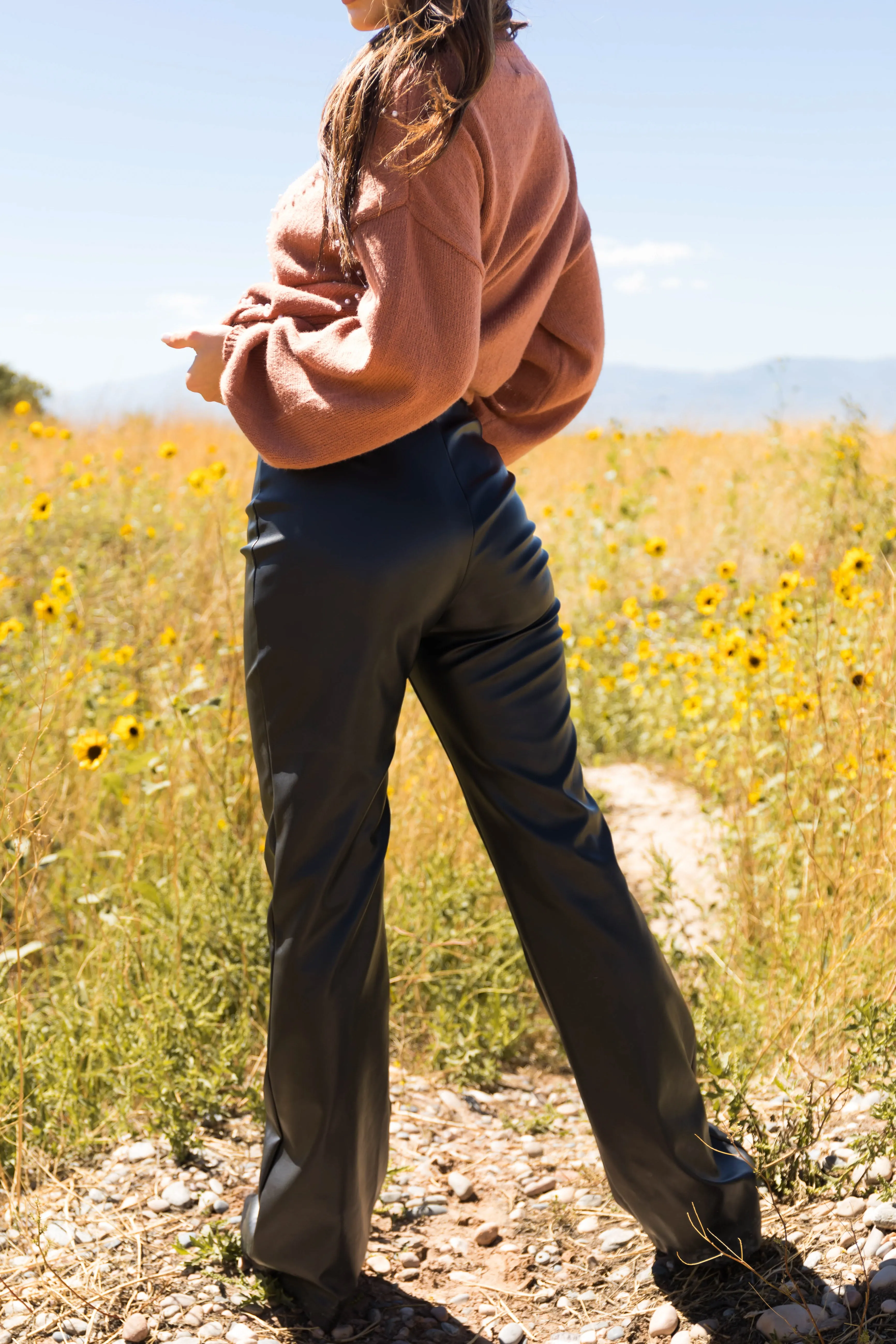 Black High Waisted Faux Leather Flare Pants