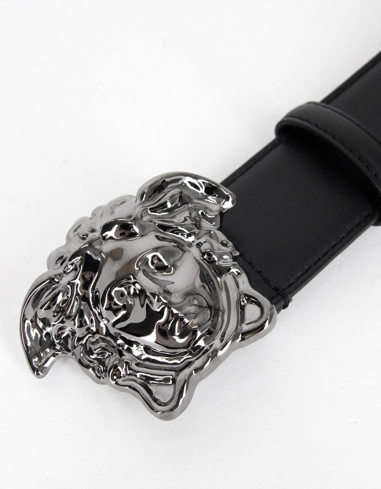 Black Leather Silver Medusa Buckle Belt