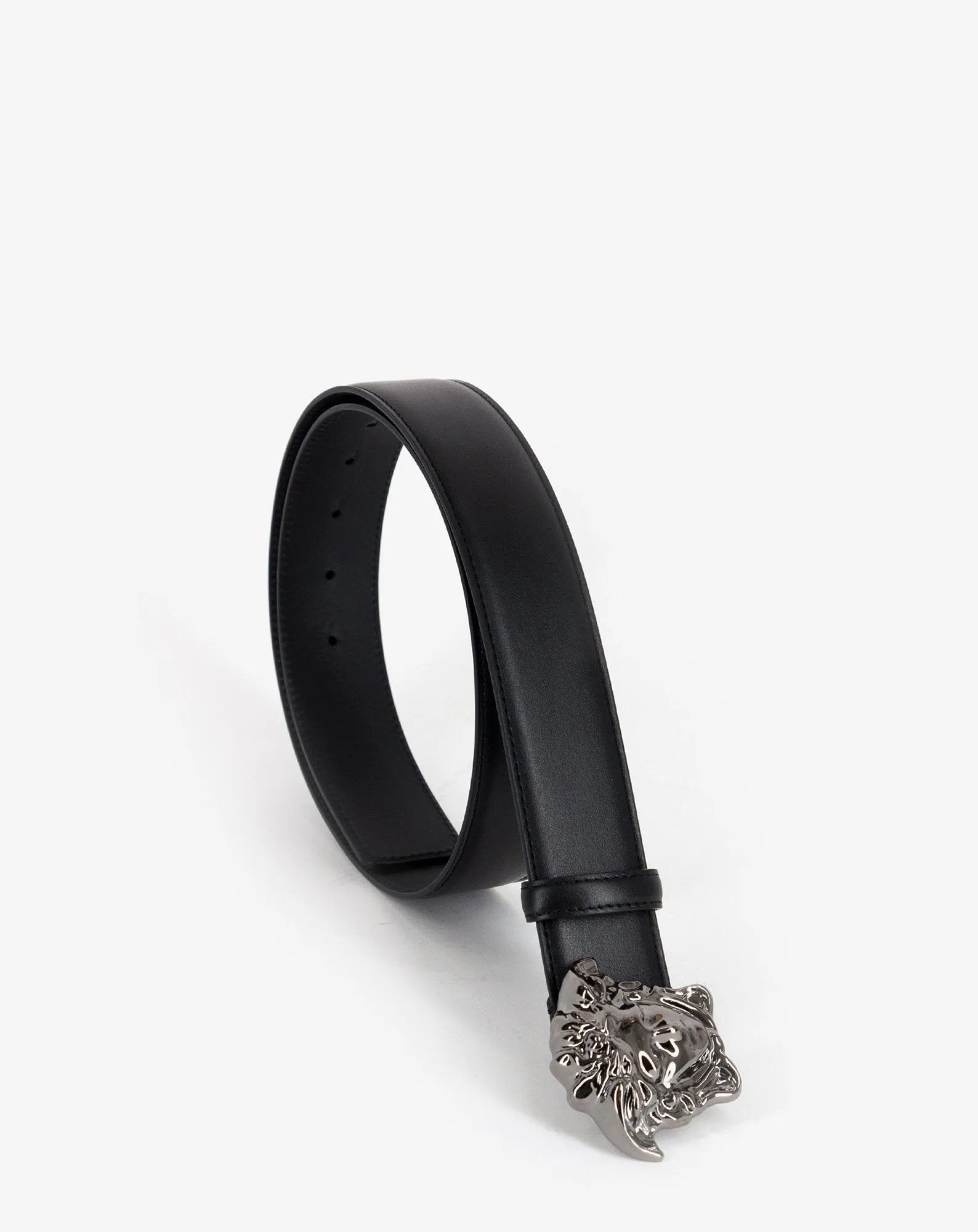 Black Leather Silver Medusa Buckle Belt