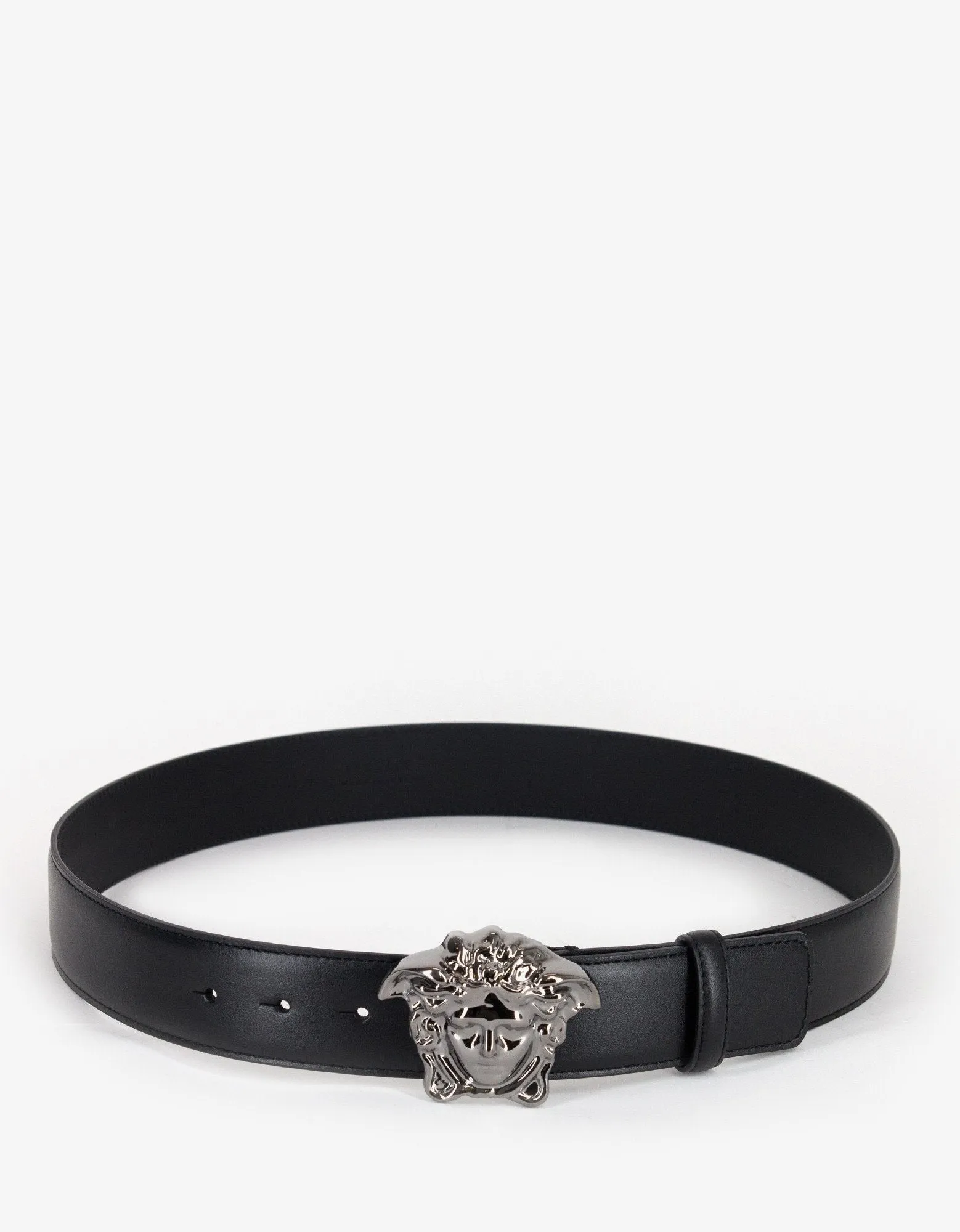 Black Leather Silver Medusa Buckle Belt