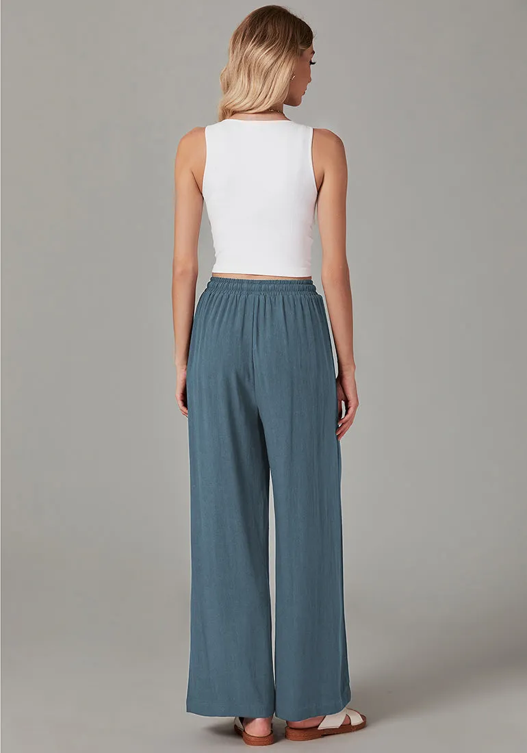 Blue Gray Relaxed Fit High Waisted Elastic Waist Wide Leg Drawstring Pocket Pant