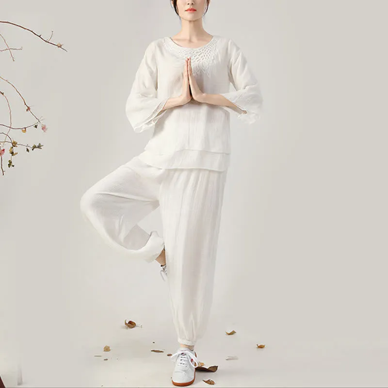 Buddha Stones 2Pcs Long Sleeve Frog-Button Meditation Prayer Zen Practice Tai Chi Uniform Clothing Women's Set