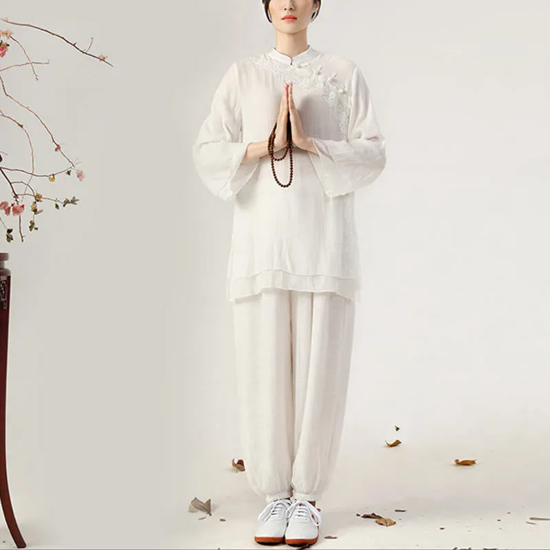 Buddha Stones 2Pcs Long Sleeve Frog-Button Meditation Prayer Zen Practice Tai Chi Uniform Clothing Women's Set