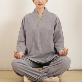 Buddha Stones 2Pcs V-Neck Three Quarter Sleeve Shirt Top Pants Meditation Zen Tai Chi Cotton Linen Clothing Women's Set