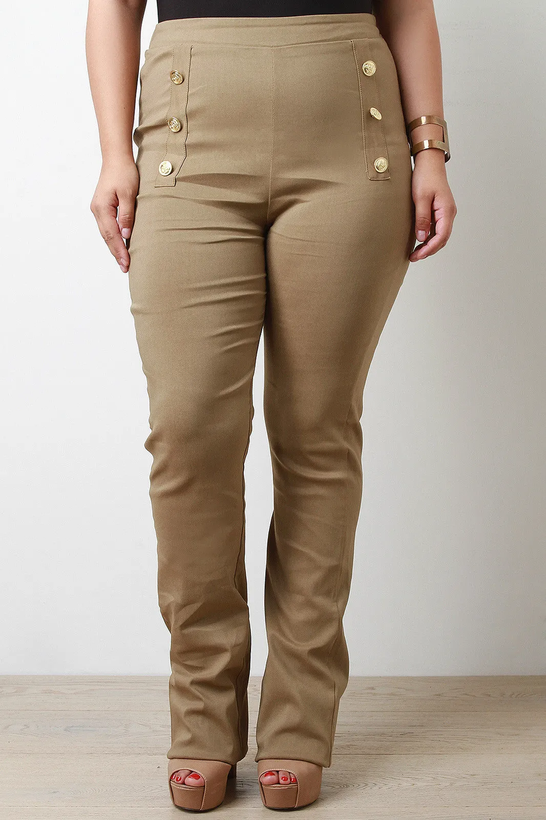 Button Accent High Waisted Pants