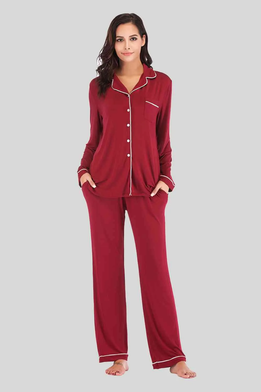 Collared Neck Long Sleeve Loungewear Set with Pockets