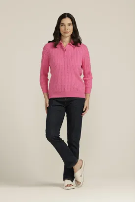 Cotton 3/4 Sleeve Cable Collared Knit Bright Pink