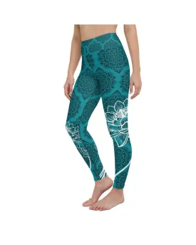 Cyan Blue Lotus Yoga Pants