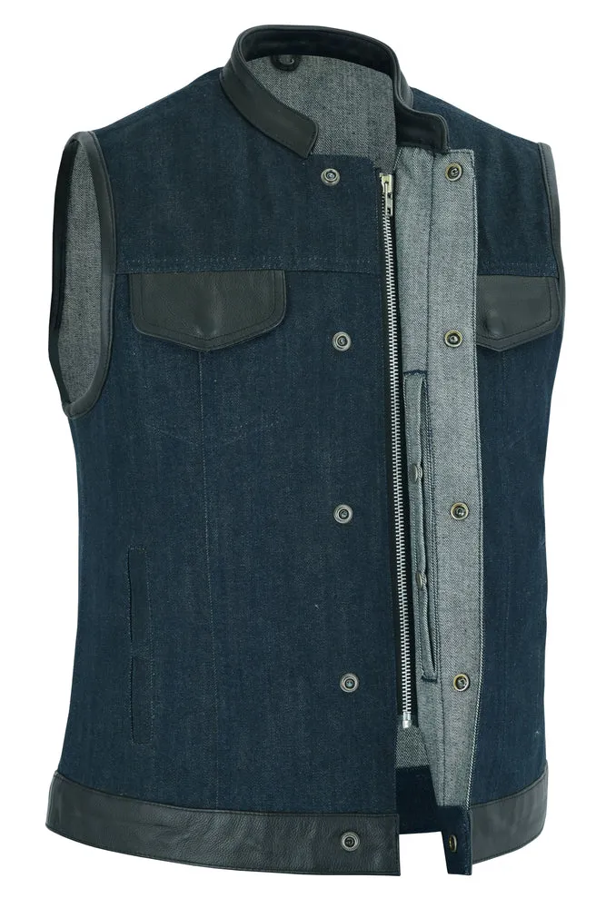 DM964 Women's Broken Blue Rough Rub-Off Raw Finish Denim Vest W/Leath