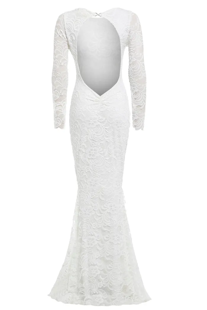 FAYE IVORY BACKLESS LACE LONG SLEEVED FISHTAIL MAXI DRESS