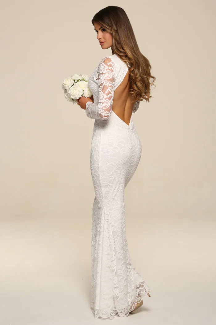 FAYE IVORY BACKLESS LACE LONG SLEEVED FISHTAIL MAXI DRESS