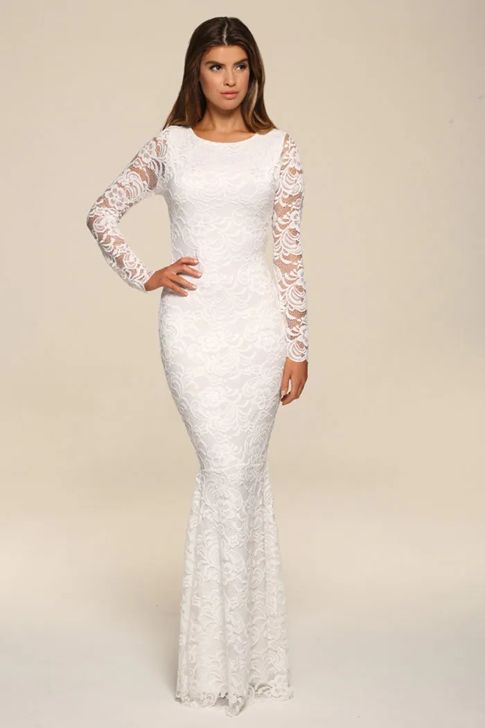 FAYE IVORY BACKLESS LACE LONG SLEEVED FISHTAIL MAXI DRESS