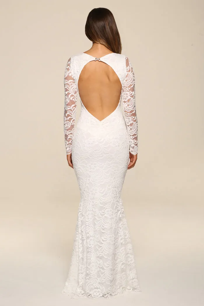 FAYE IVORY BACKLESS LACE LONG SLEEVED FISHTAIL MAXI DRESS