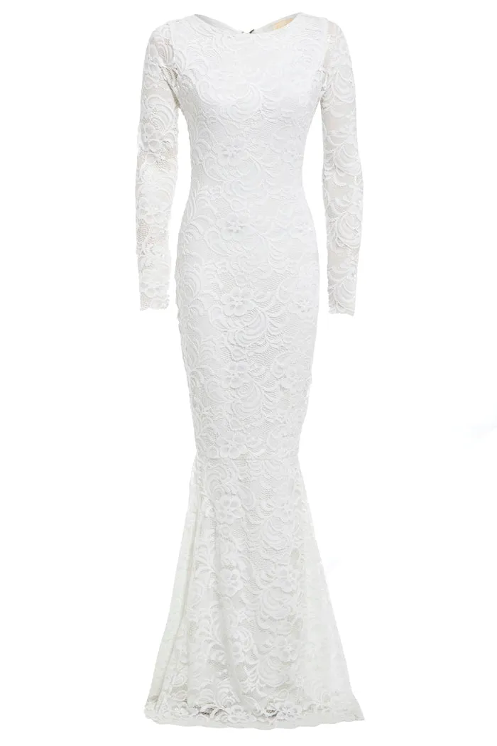 FAYE IVORY BACKLESS LACE LONG SLEEVED FISHTAIL MAXI DRESS