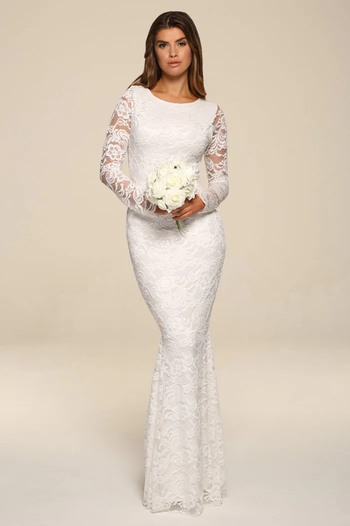 FAYE IVORY BACKLESS LACE LONG SLEEVED FISHTAIL MAXI DRESS