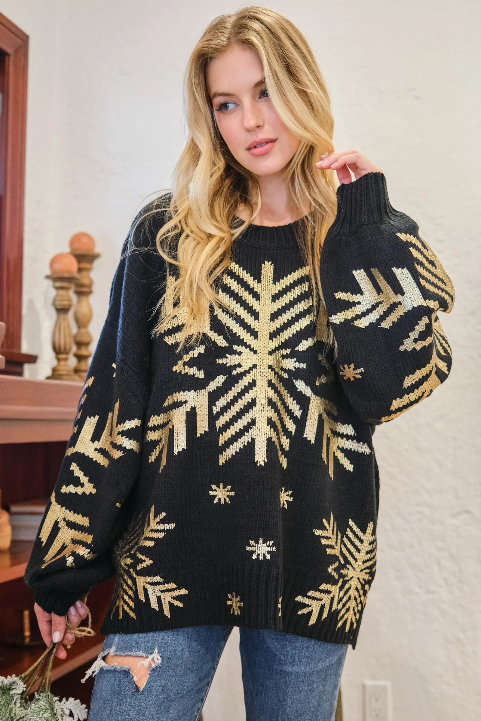 Foil Snowflake Round Neck Sweater