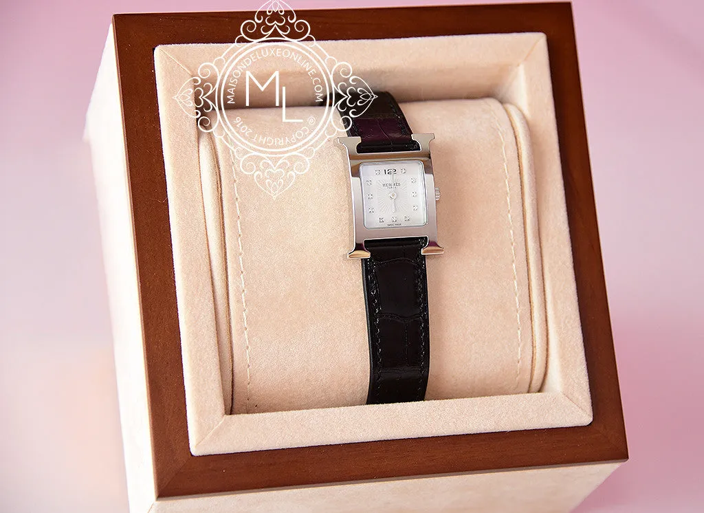 Hermes Diamond H Hour Watch PM Black Crocodile Strap