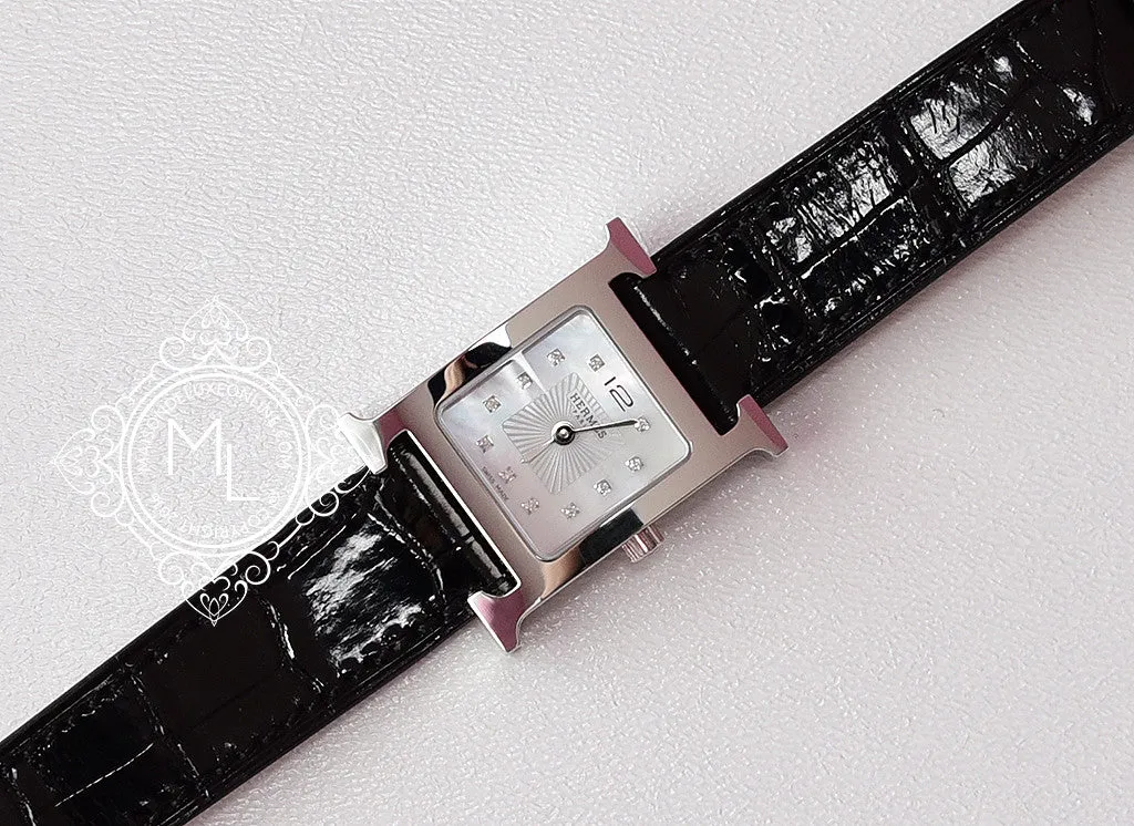 Hermes Diamond H Hour Watch PM Black Crocodile Strap