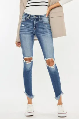 High Waist Distressed Raw Hem Ankle Skinny Jeans