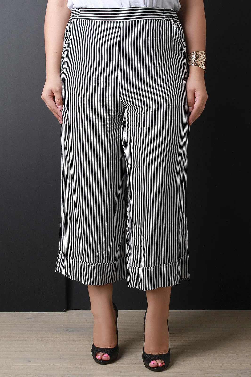 High Waisted Stripe Wide Leg Crop Pants