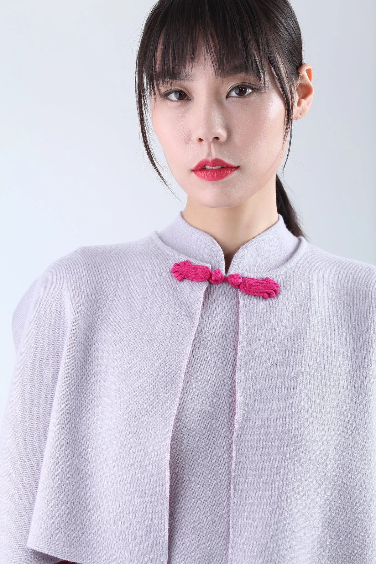 Light Grey & Fuchsia Sleeveless Knit Qipao with Removable Cape