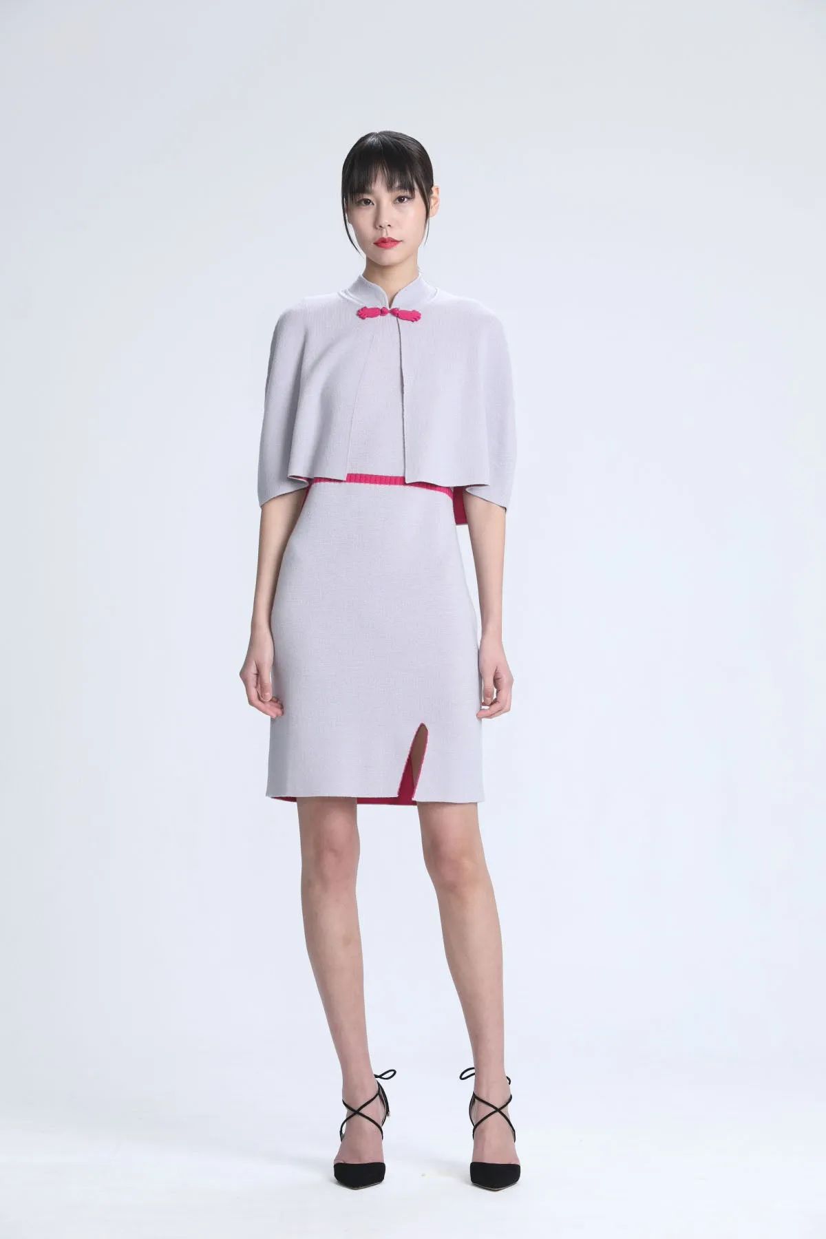 Light Grey & Fuchsia Sleeveless Knit Qipao with Removable Cape