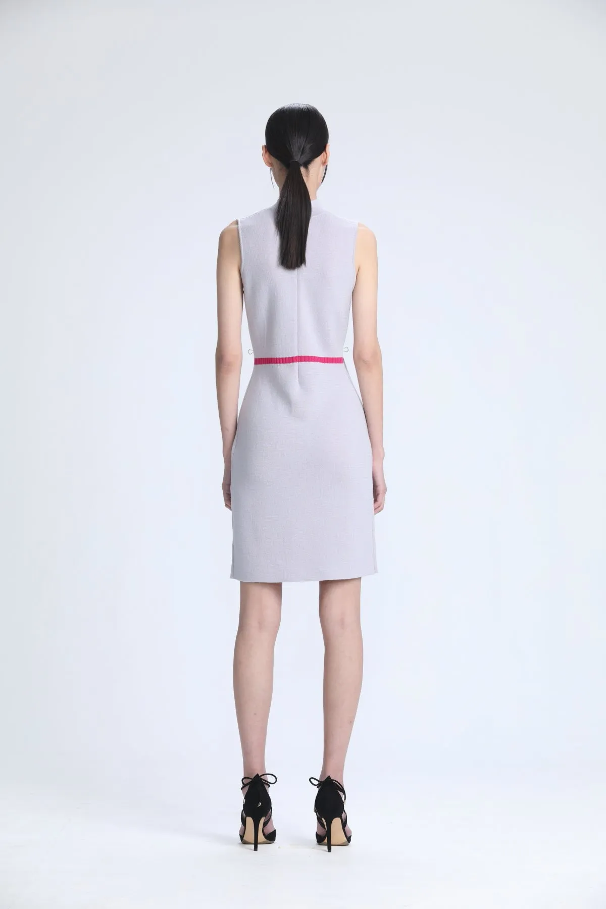 Light Grey & Fuchsia Sleeveless Knit Qipao with Removable Cape