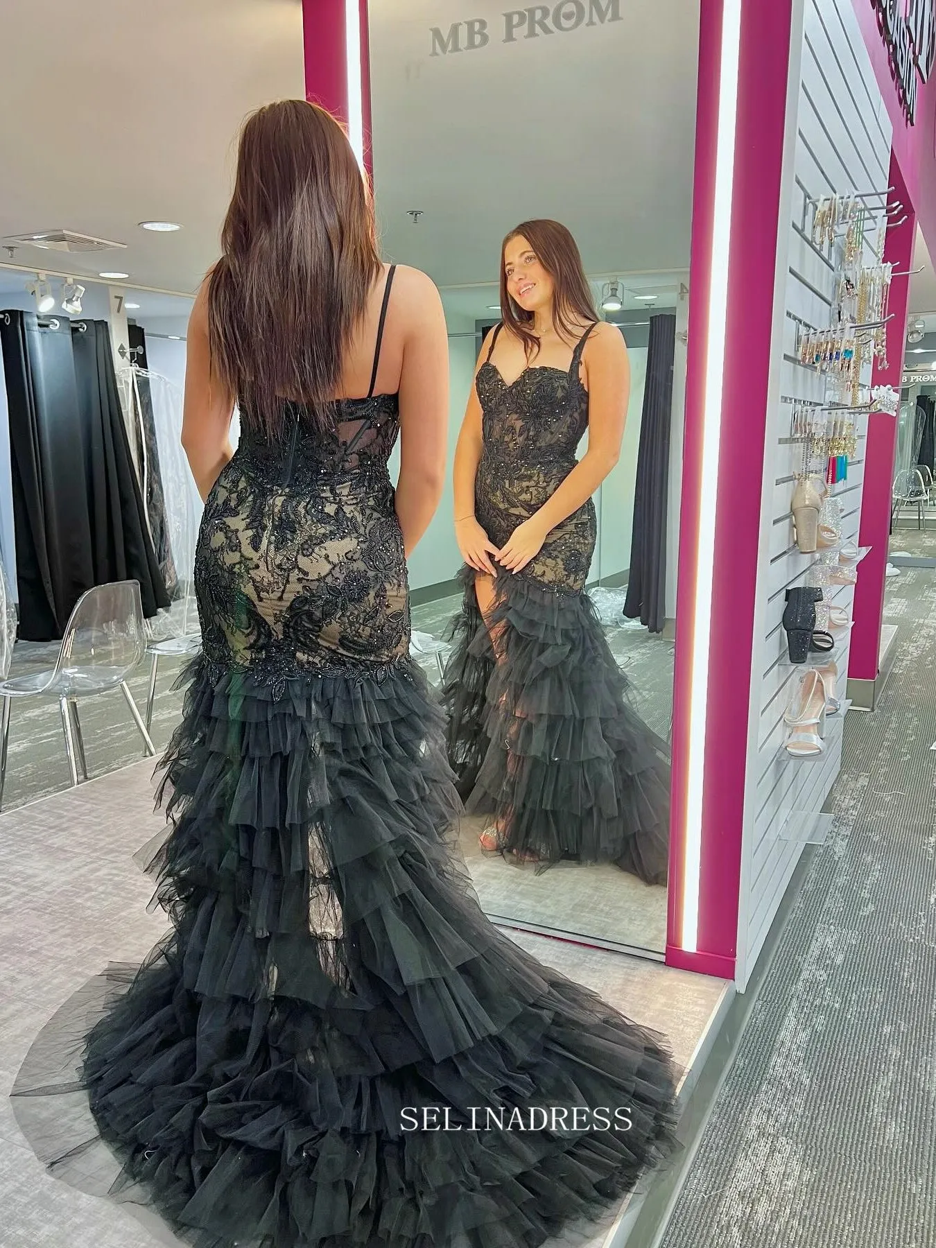 Mermaid Black Lace Ruffles Long Prom Dress Evening Dress With Slit sew1057