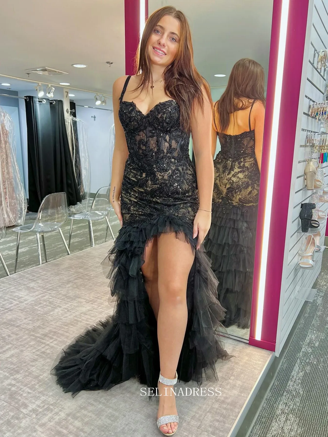 Mermaid Black Lace Ruffles Long Prom Dress Evening Dress With Slit sew1057