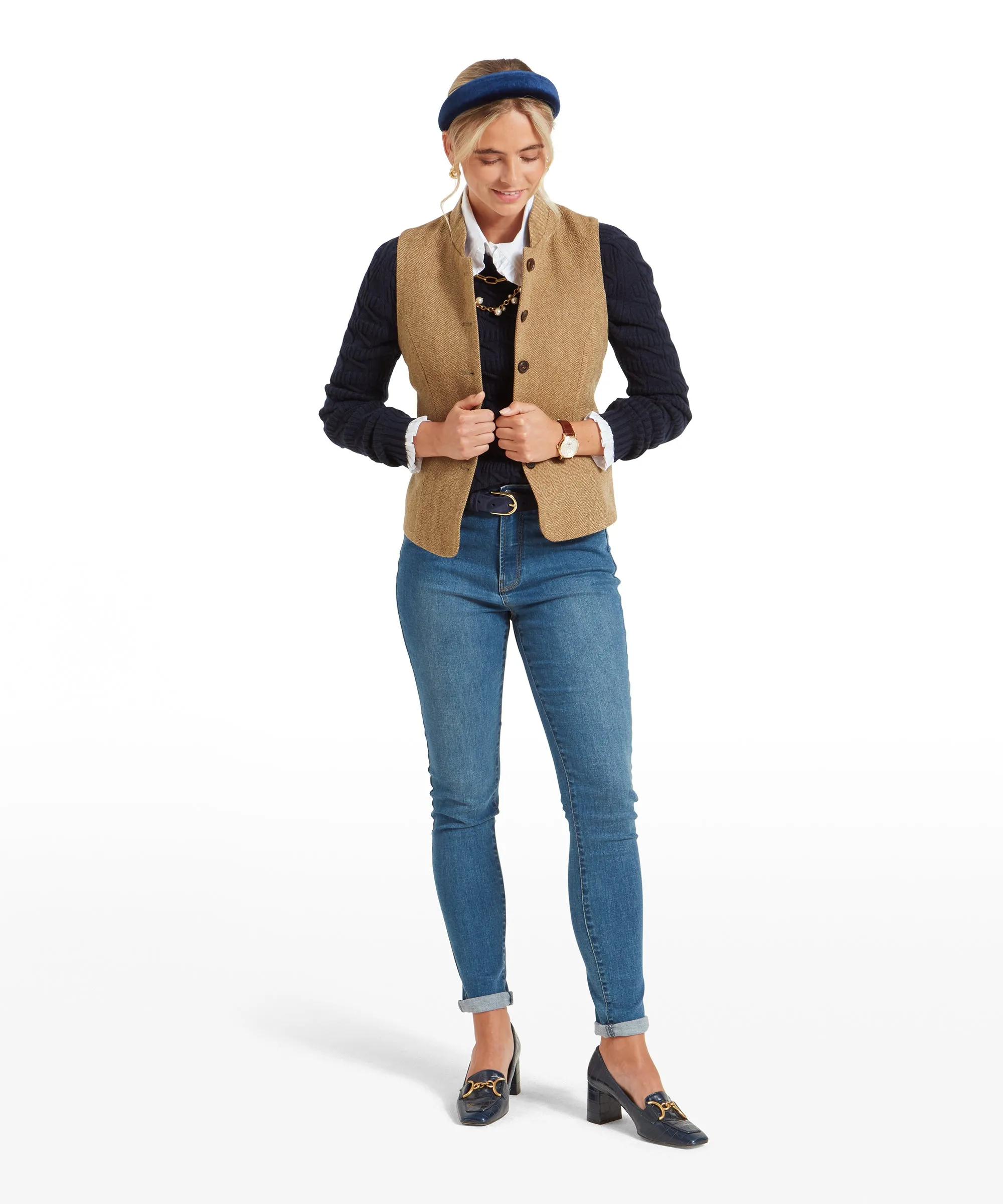 Millport Tweed Nehru Waistcoat - Oak Herringbone Tweed