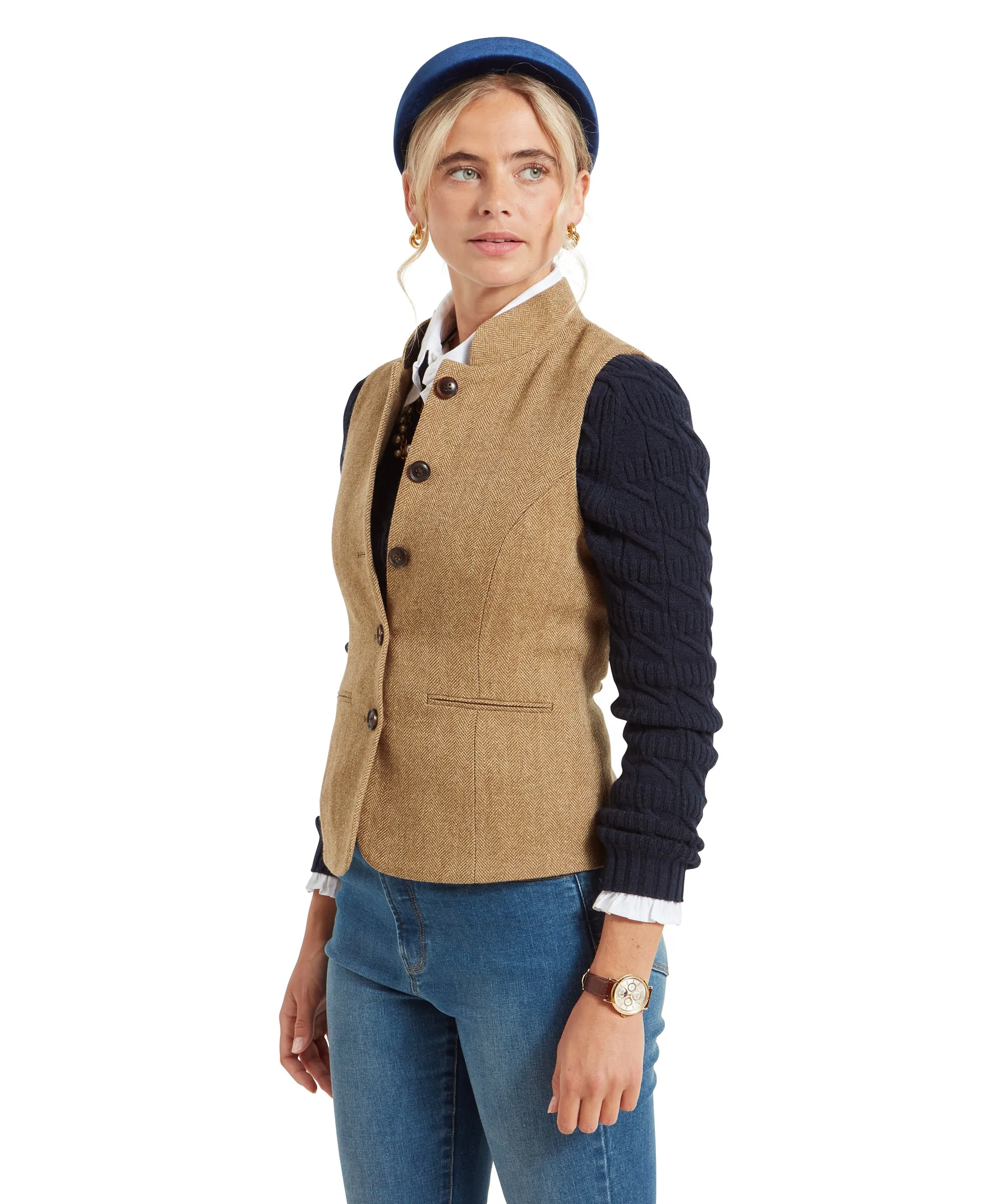 Millport Tweed Nehru Waistcoat - Oak Herringbone Tweed