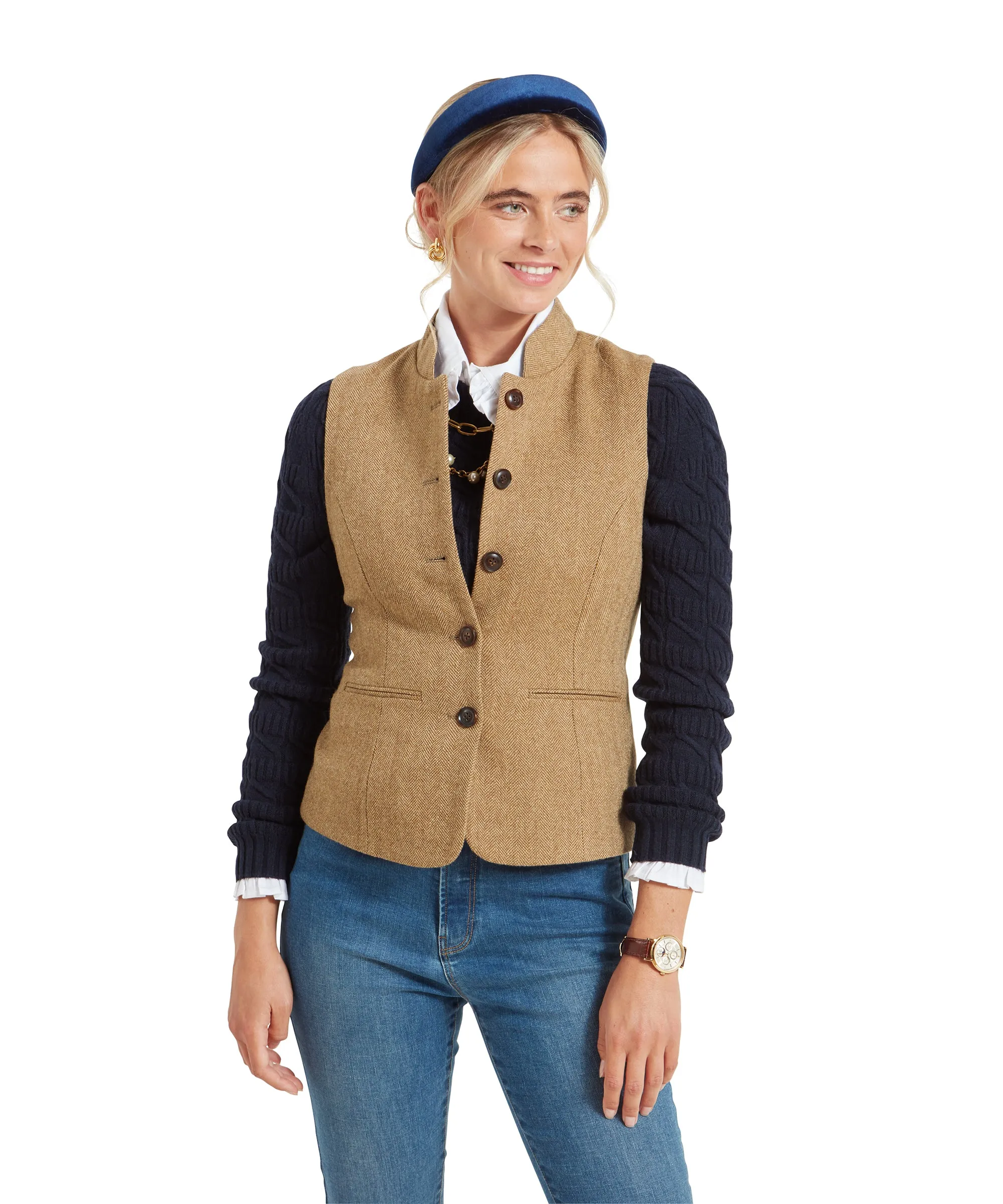 Millport Tweed Nehru Waistcoat - Oak Herringbone Tweed