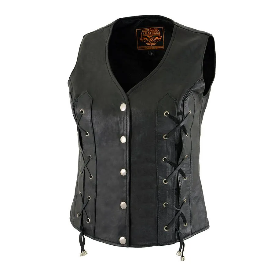 Milwaukee Leather XS1216 Ladies Black Leather Vest with Front Laces