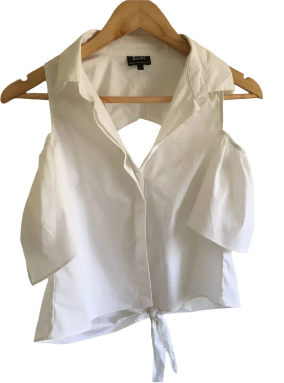 Size 6 BARDOT white crop off the shoulder cotton shirt