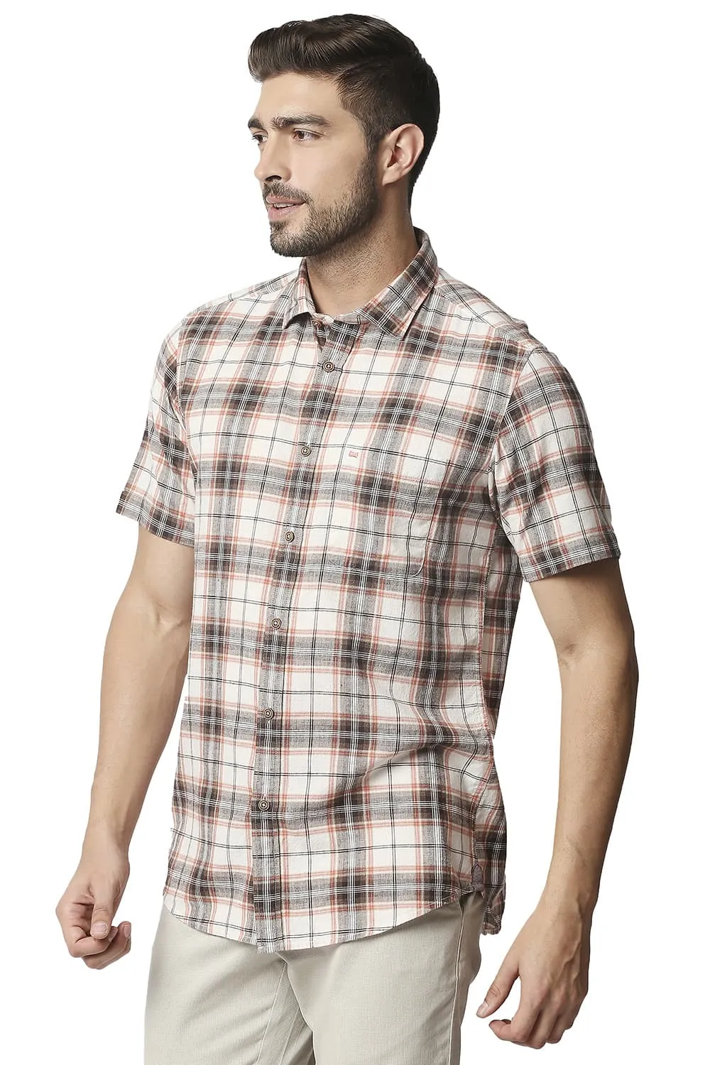 Slim Fit Cotton Jute Checks Halfsleeves Shirt