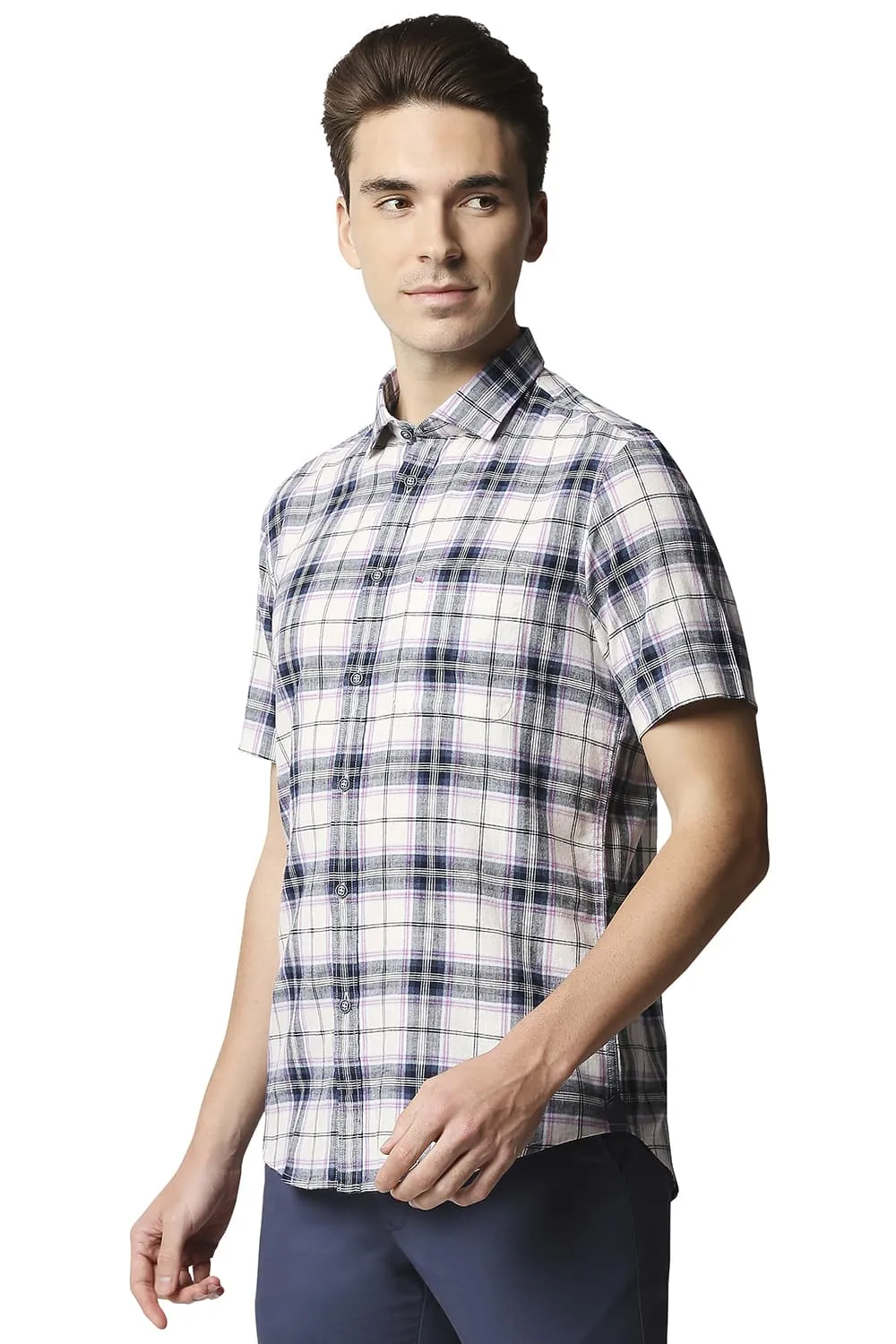 Slim Fit Cotton Jute Checks Halfsleeves Shirt