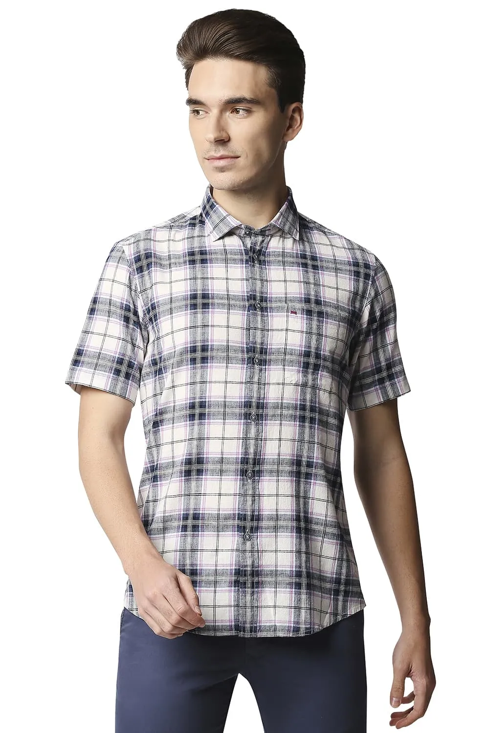 Slim Fit Cotton Jute Checks Halfsleeves Shirt