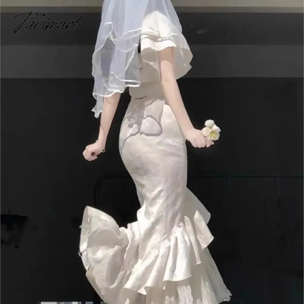 TAVIMART  -  New Birthday Engagement Formal Dress Light Luxury Minority White Flower off-Shoulder Fishtail