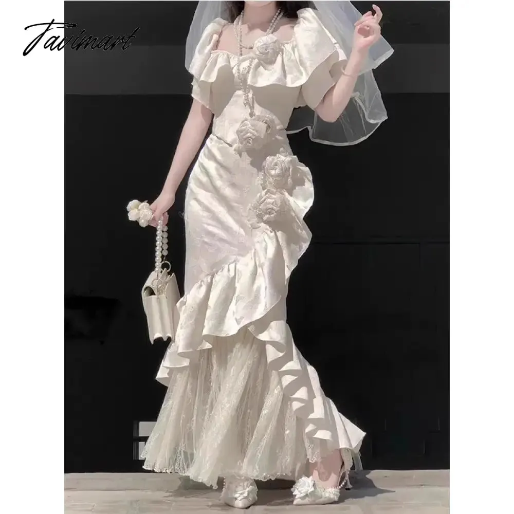 TAVIMART  -  New Birthday Engagement Formal Dress Light Luxury Minority White Flower off-Shoulder Fishtail