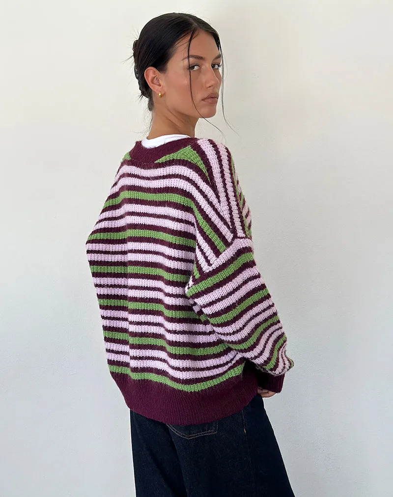 Uriela Cardigan in Green Pink and Burgundy Stripes