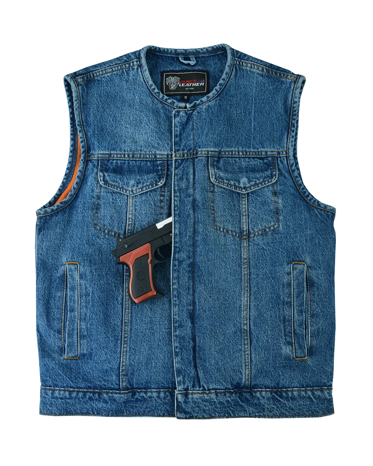 VB919BL Men's Blue Denim Collarless Vest