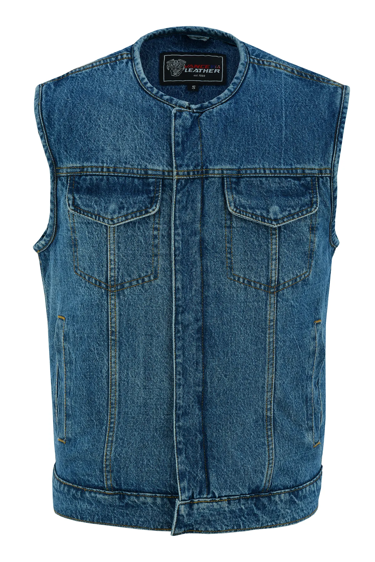 VB919BL Men's Blue Denim Collarless Vest