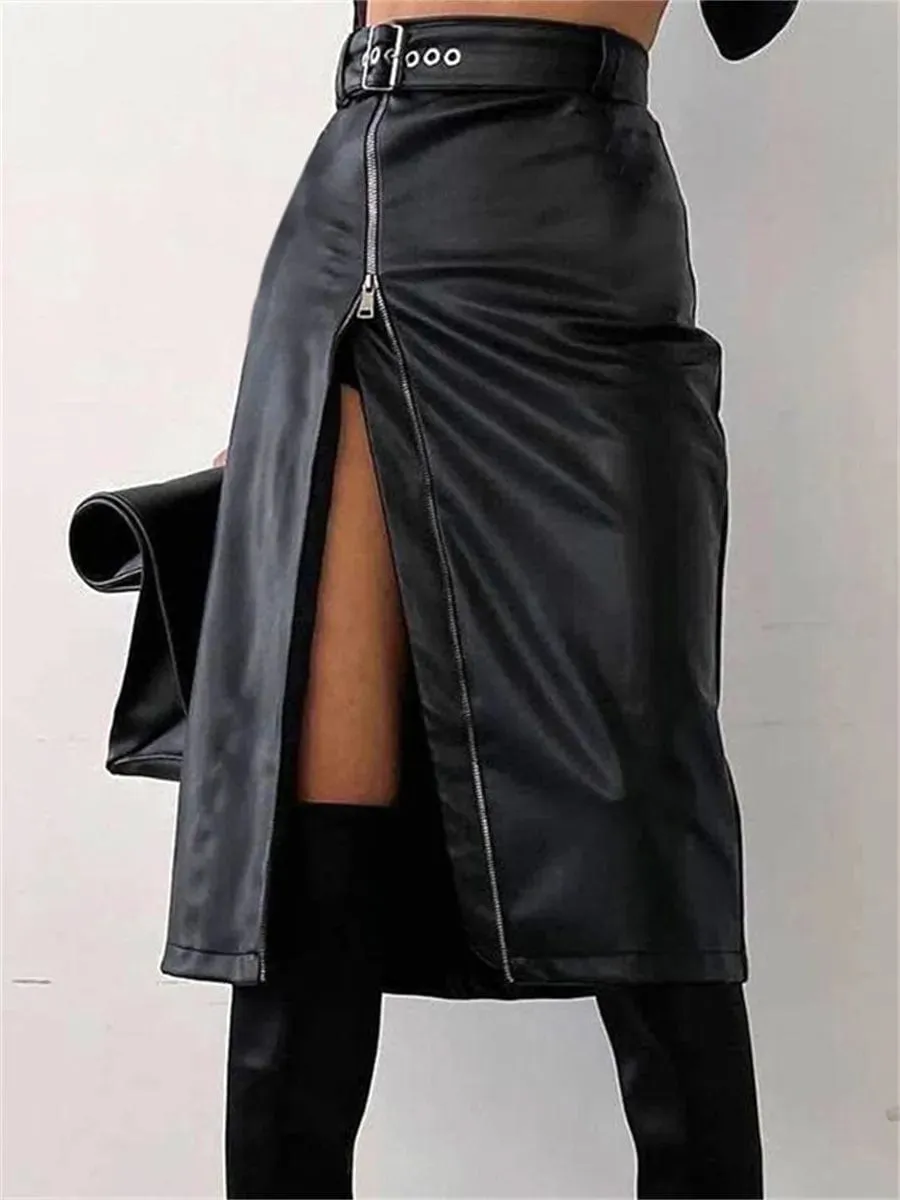 Vintage Streetwear PU Leather High Waist Pencil Skirt - Zipper High Split Midi Skirt with Belt for Women