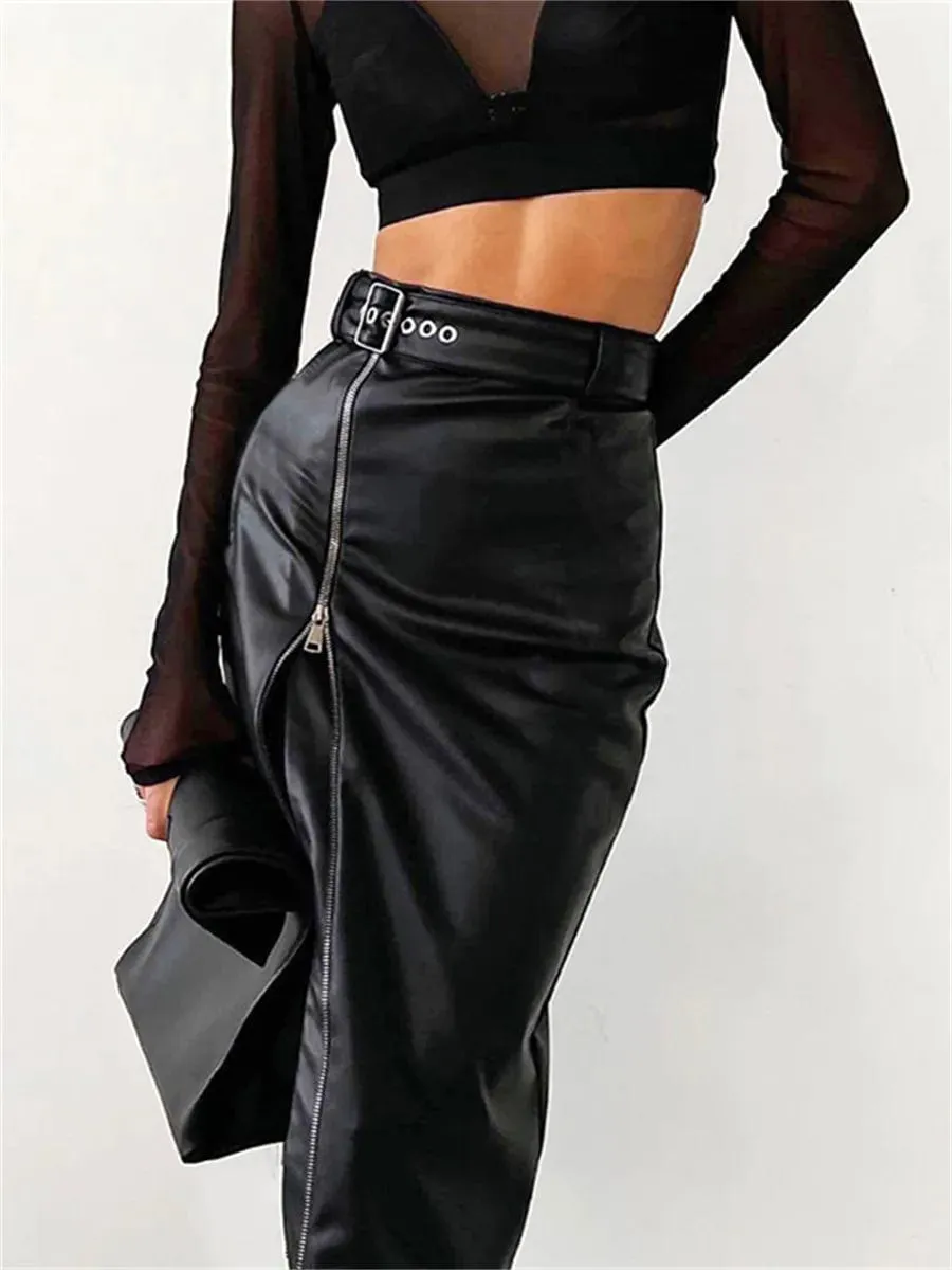 Vintage Streetwear PU Leather High Waist Pencil Skirt - Zipper High Split Midi Skirt with Belt for Women