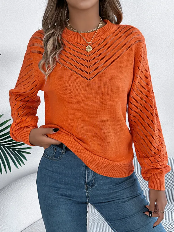 Women's casual solid color round neck hollow lantern sleeve pullover sweater