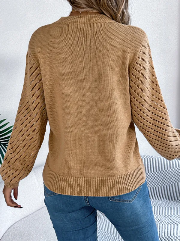 Women's casual solid color round neck hollow lantern sleeve pullover sweater