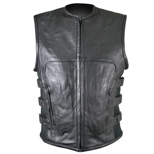 Xelement B95080 Men's ‘Creeper' Black Advanced Triple Strap Design Leather Motorcycle Vest